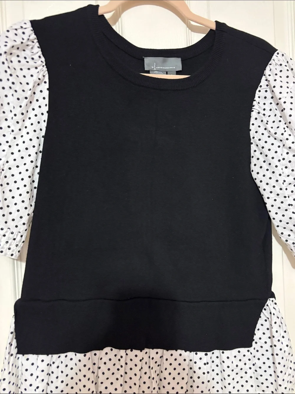 Anthropologie Layered Poplin Floral Puff-Sleeve Sweater Top Black Polka Dot S